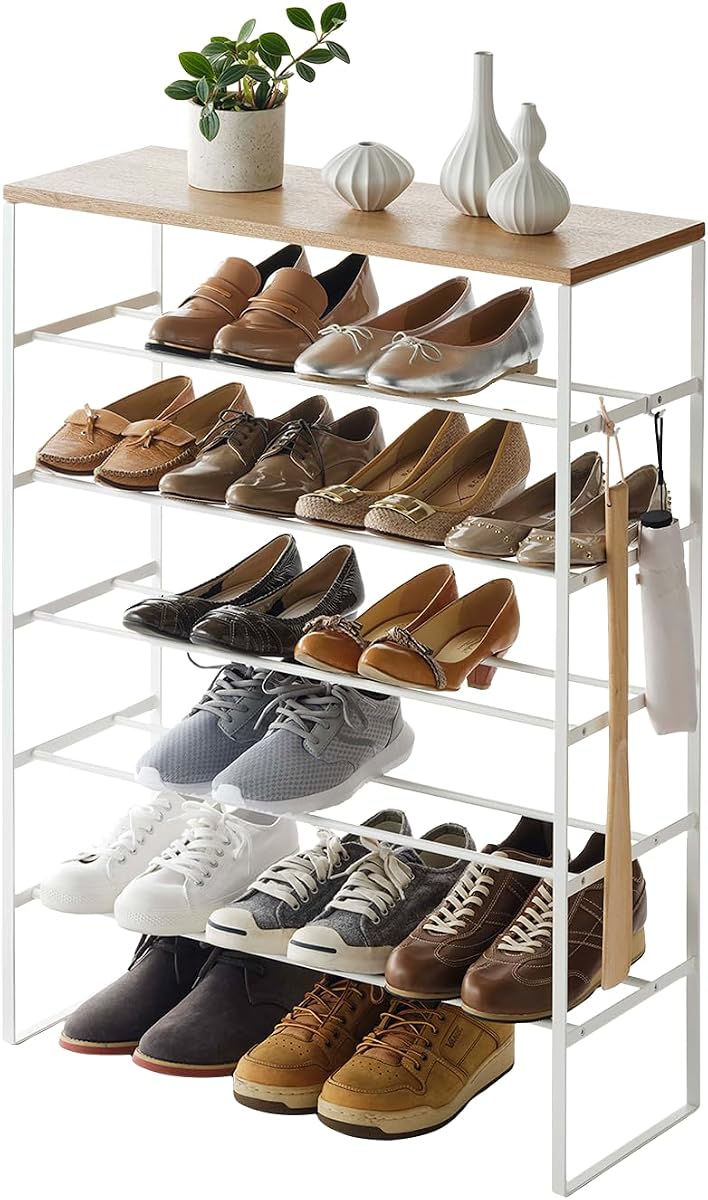 YAMAZAKI Home Six-Tier Shoe Organizer – Tall Slim Shoe Rack for Entryway or Closet, Narrow Metal Shoe Storage with Wooden Top, Modern Space-Saving Design, Steel, White, Easy Assembly