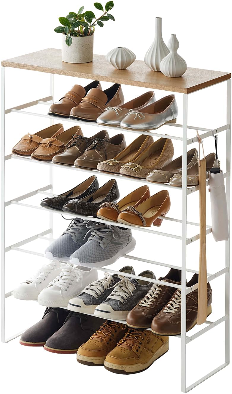 YAMAZAKI Home Six-Tier Shoe Organizer – Tall Slim Shoe Rack for Entryway Or Closet, Narrow Metal Shoe Storage with Wooden Top, Steel, White, Easy Assembly, 34" - Steel - Holds 18 to 21 Shoe