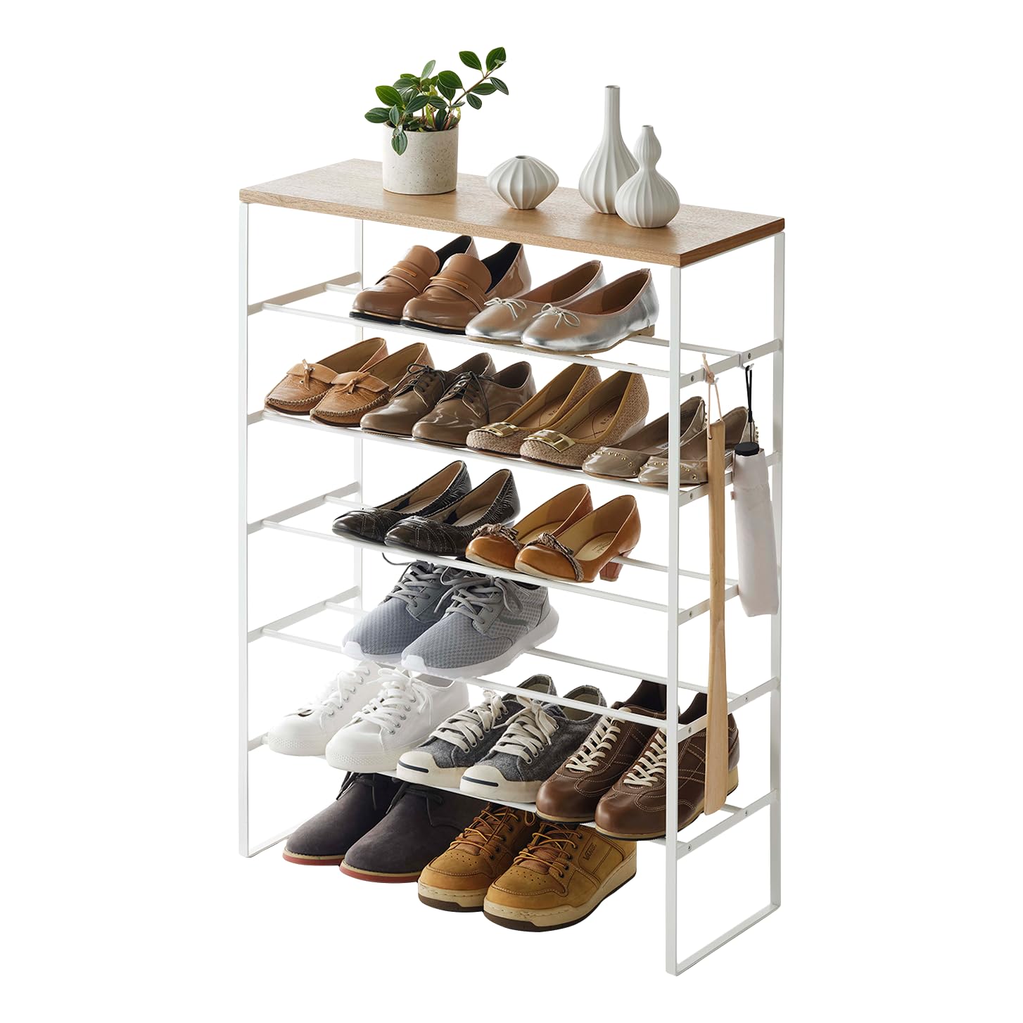 Yamazaki Home 6 Tier Wood Top Steel | Shoe Rack, One Size, White