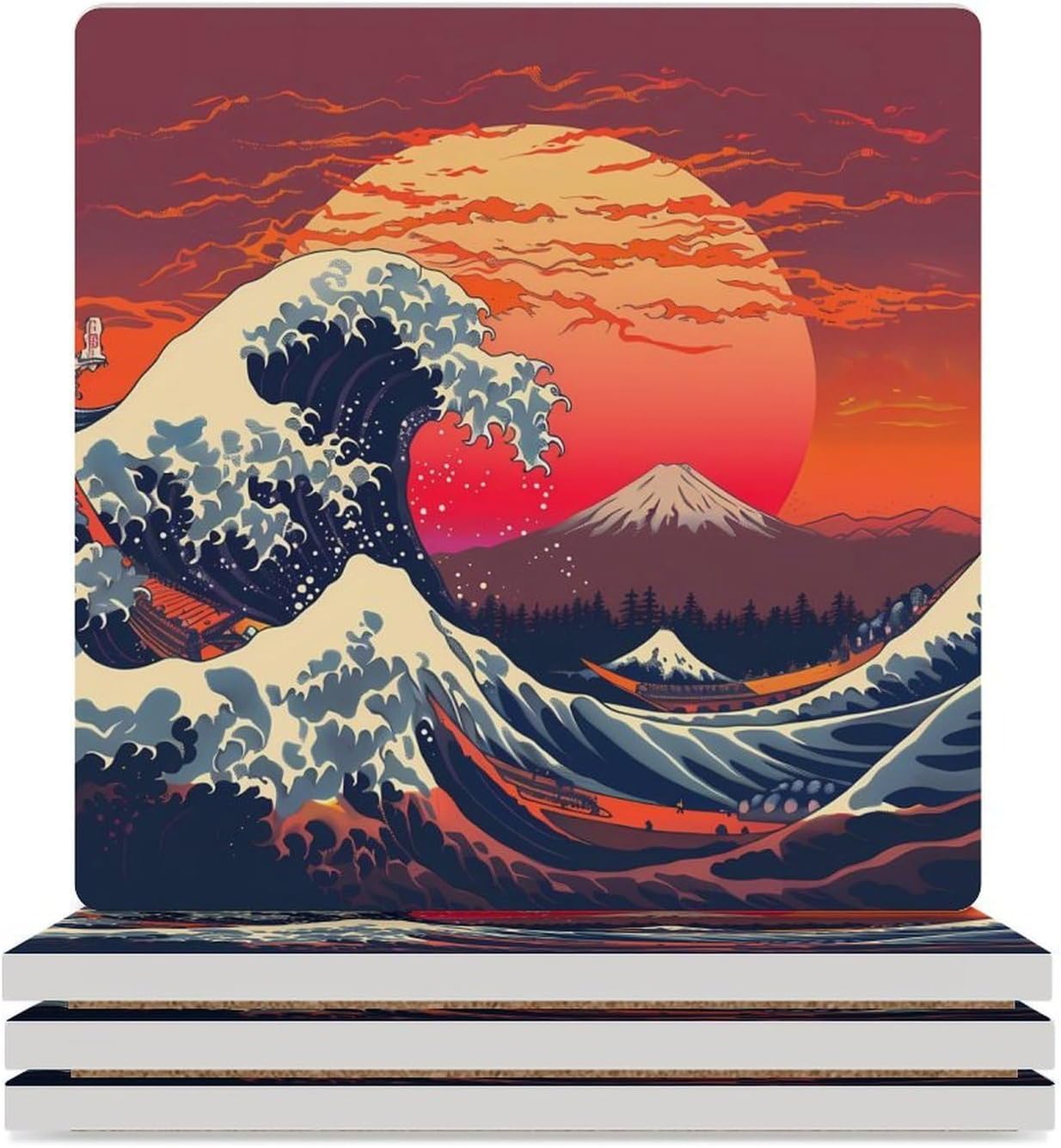 Japanese The Great Wave Coaster for Drinks Square Ceramic Table Coasters Stone Mat Crafts 6PCS Home Kitchen Decor