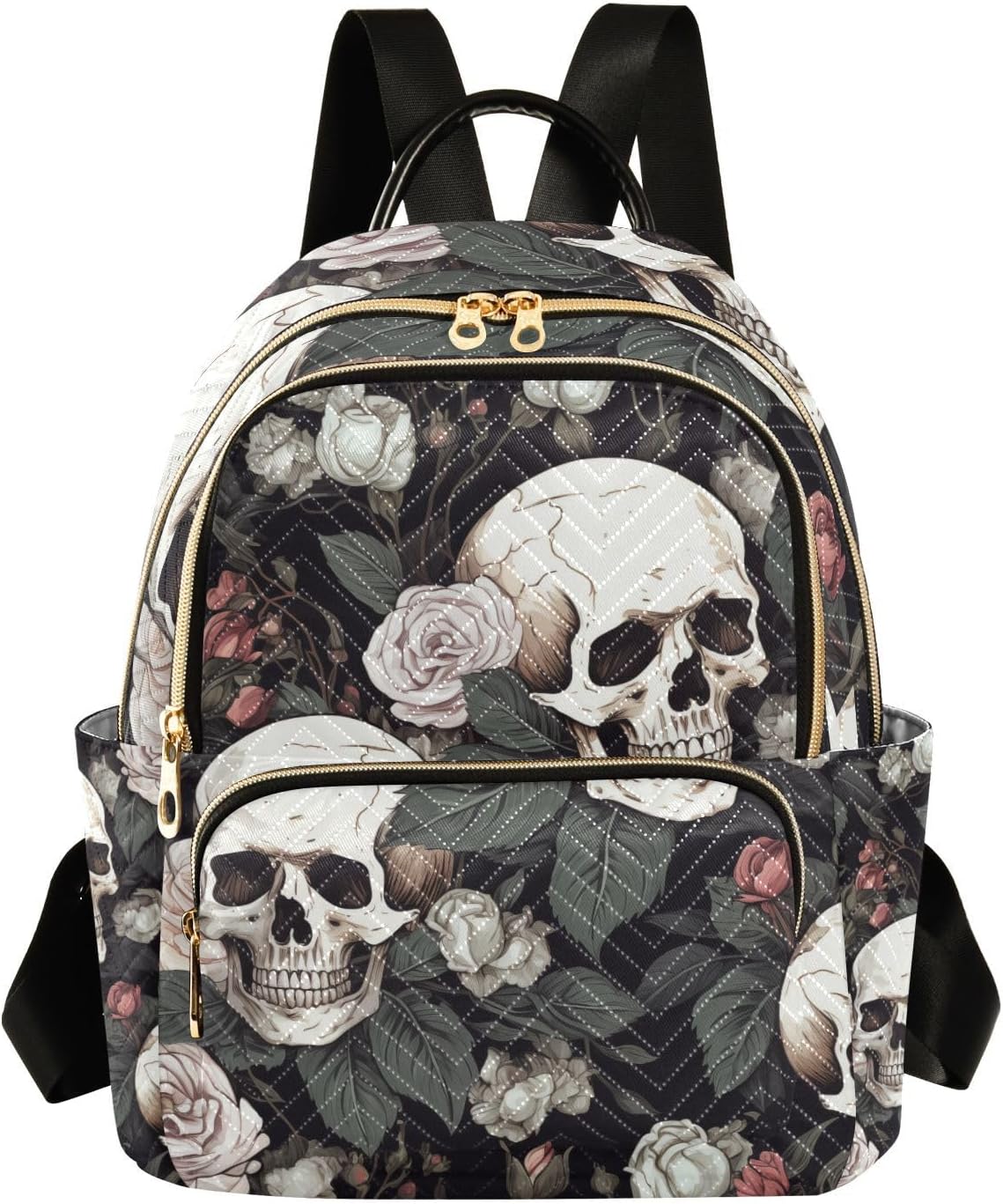 White Skull Rose Flowers Black Small Backpack Purse for Women Travel Bag Lightweight Shoulder Bag Fashion Daypack