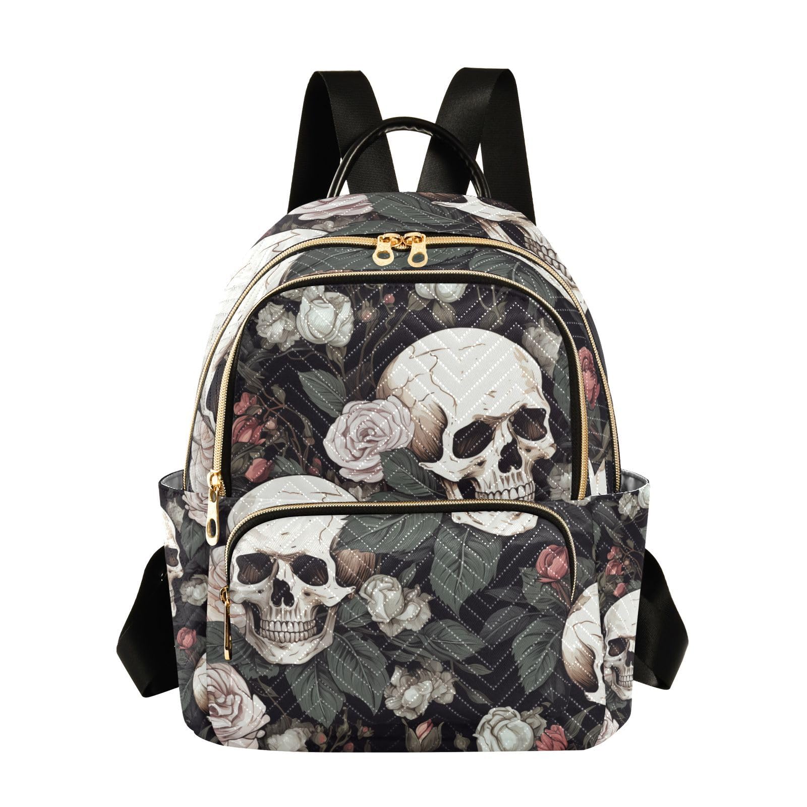 White Skull Rose Flowers Black Small Backpack Purse for Women Travel Bag Lightweight Shoulder Bag Fashion Daypack