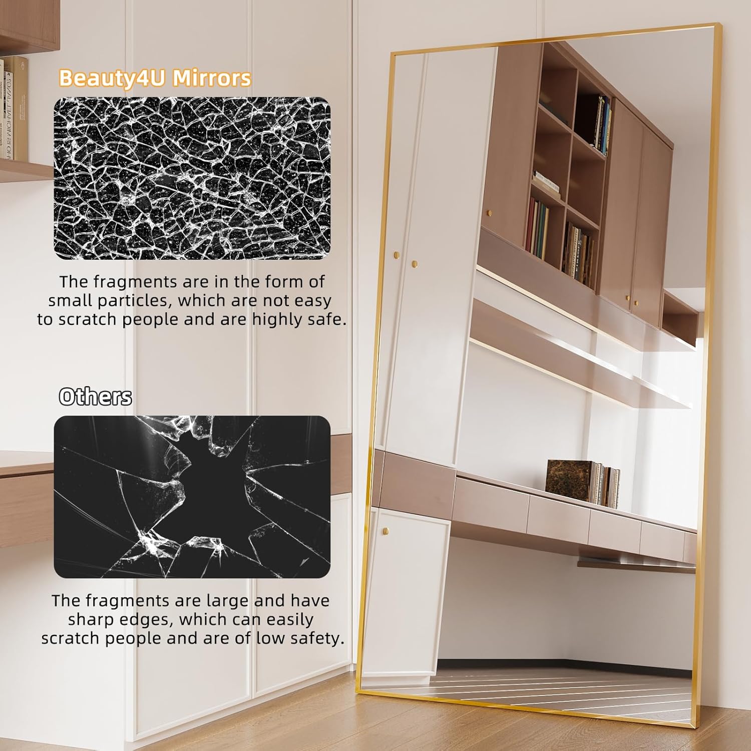 Beauty4U 76" x 37" Large Full Length Mirror with Stand, Gold Wall Mounting Full Body Tempered Mirror for Living Room, Bedroom - Image 5