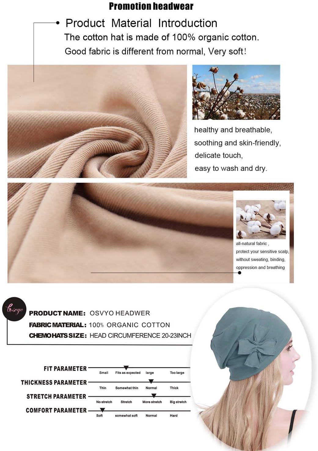 osvyo Cotton Chemo Turbans Headwear Beanie Hat Cap for Women Cancer Patient Hairloss - Image 4