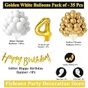 Flyloons 4th Birthday Decoration Items Gold and White Theme Combination for Boys Girls Kids| 30 Pcs Gold White Color Balloons| Gold Happy Birthday Cursive Glitter Banner| Arch Tape| Glue Dots gallery image