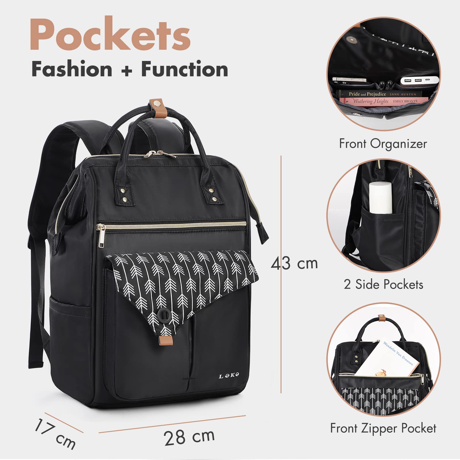 Lekesky Laptop Rucksack Bag for Women 15.6 Inch Computer Backpack School Bag for Travel Business College Women Men- Dark Grey