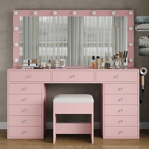 FUSOU Makeup Vanity with Power Outlet & Lighted Mirror, 13 Drawers Vanity Desk, 3 Lighting Modes Adjustable, Glass Top, Dressing Table with Chair for Bedroom (Pink)