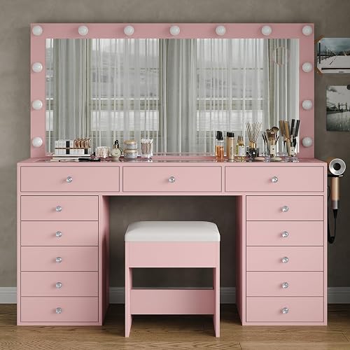 Yanosaku 55'' Vanity Desk, Makeup Vanity with Charging Station, 13 Drawers with Lighted Mirror, 3 Lighting Modes, Brightness Adjustable, Glass Top, Vanity Table with Chair for Bedroom, Pink - Pink - 13 Drawers