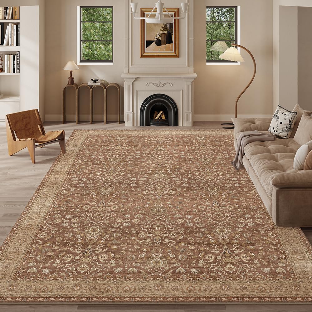Photo 1 of 8x10 Area Rugs Reddish Brown Washable Rug for Living Room, Dining Room, Bedroom, Large Carpets, Non Slip & Non-Shedding Low Pile Vintage Print Rug for Home Office Decor
