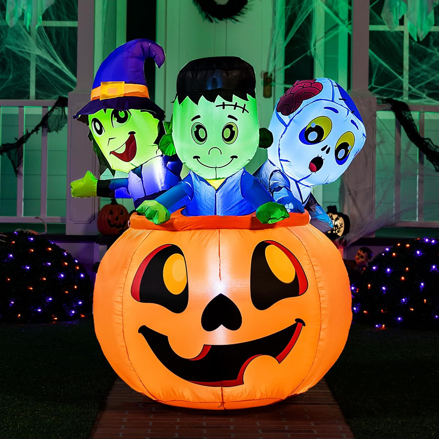 Joiedomi 5 FT Tall Halloween Inflatable Three Characters on Pumpkin Inflatable Yard Decoration with Build-in LEDs Blow Up Inflatables for Halloween Party Indoor, Outdoor, Yard, Garden, Lawn Decoration