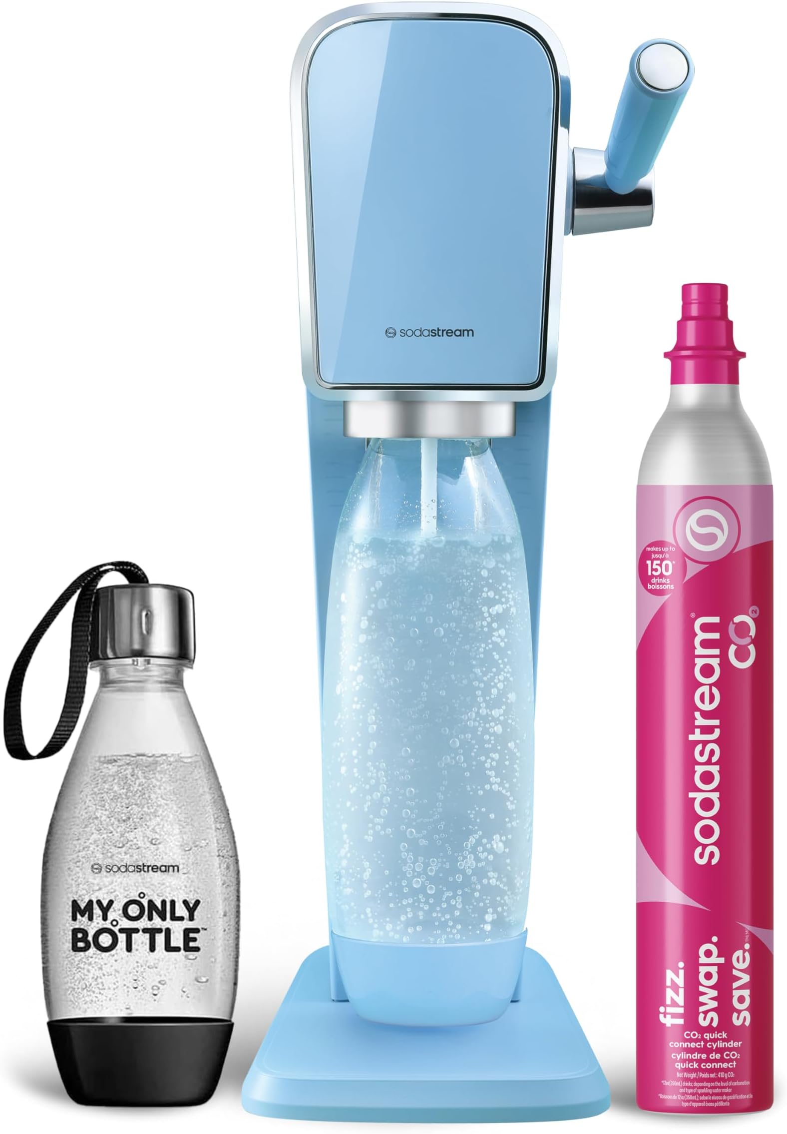SodaStream - ART Sparkling Water Maker | STARTER KIT | CQC CO2 system | Includes 1x CO2 Cylinder, 1x32 & 1x16 Fl Oz Dishwasher Safe Bottles, 1x Bubly Flavor Drop | Combine with Flavors | Misty Blue