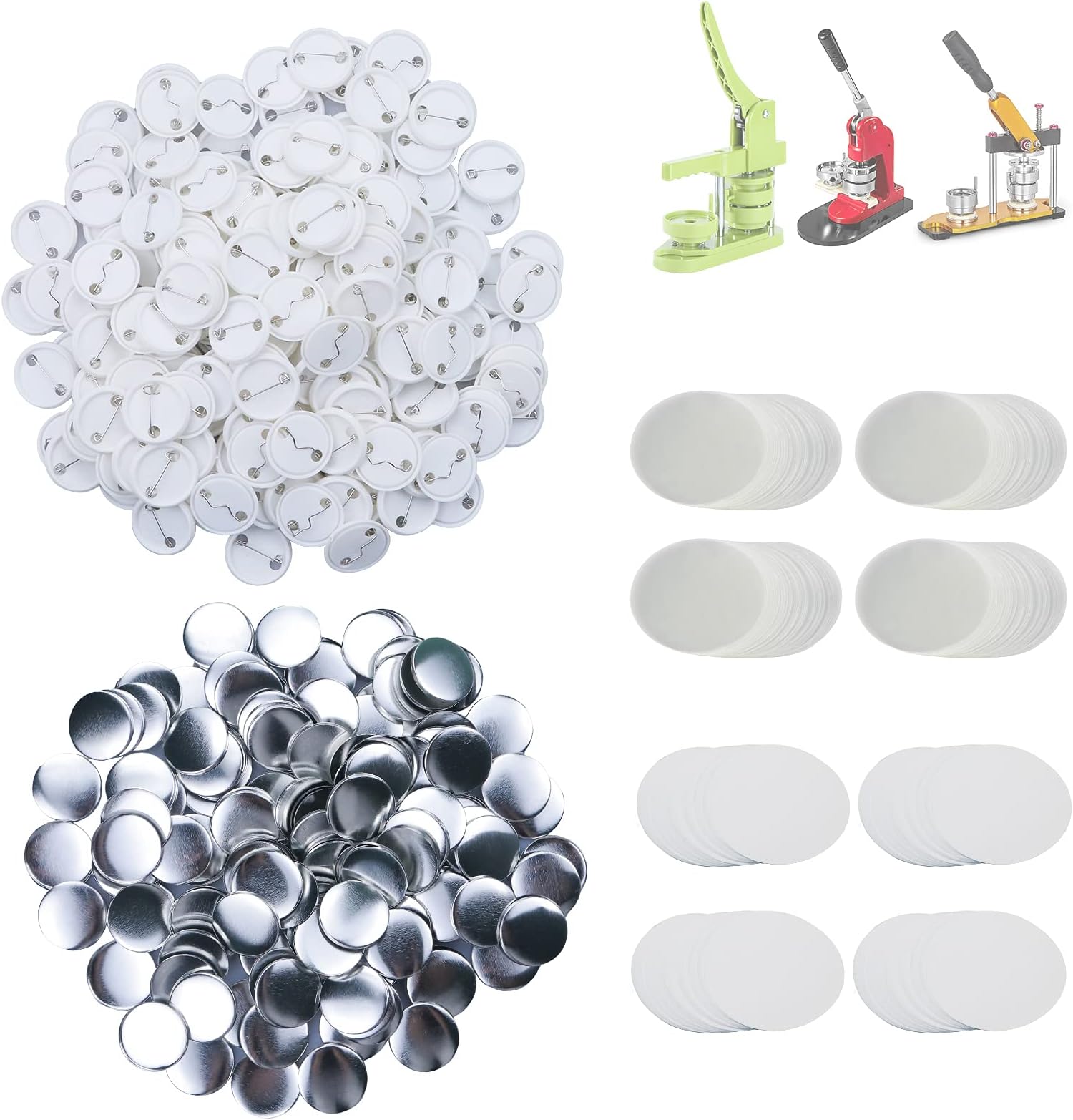 Happizza 500 Sets 32mm(1.25 inch) Blank Pin Back Button Parts for Button Maker Machine 32mm, Round Badge Making Supplies, includes Metal Cover, Plastic Button Back Cover, Clear Film&Blank Paper