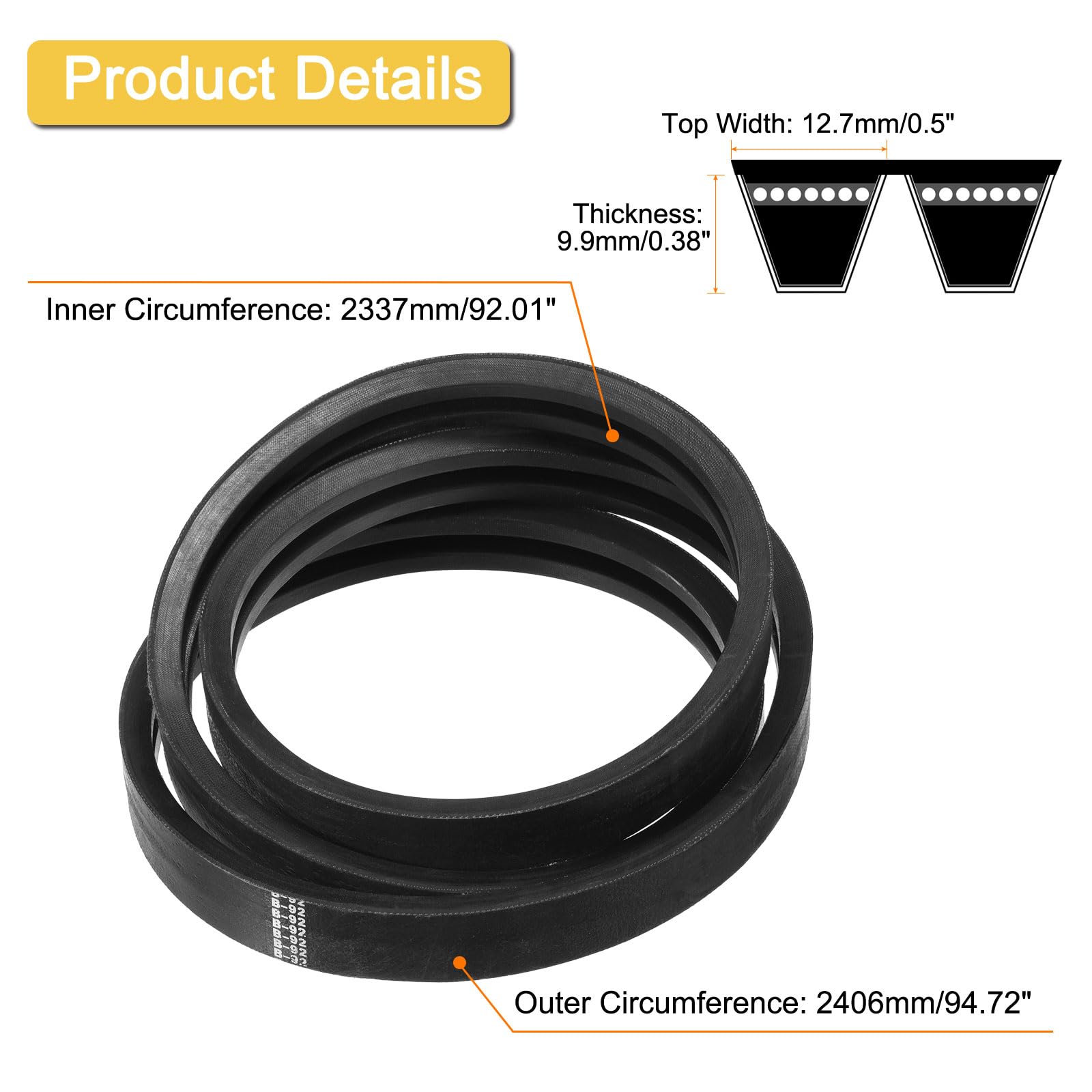 uxcell Cinghia trapezoidale classica avvolta 2/B92, in gomma industriale con circonferenza esterna da 241,3 cm, con profilo B, per apparecchiature di macchine industriali, colore nero