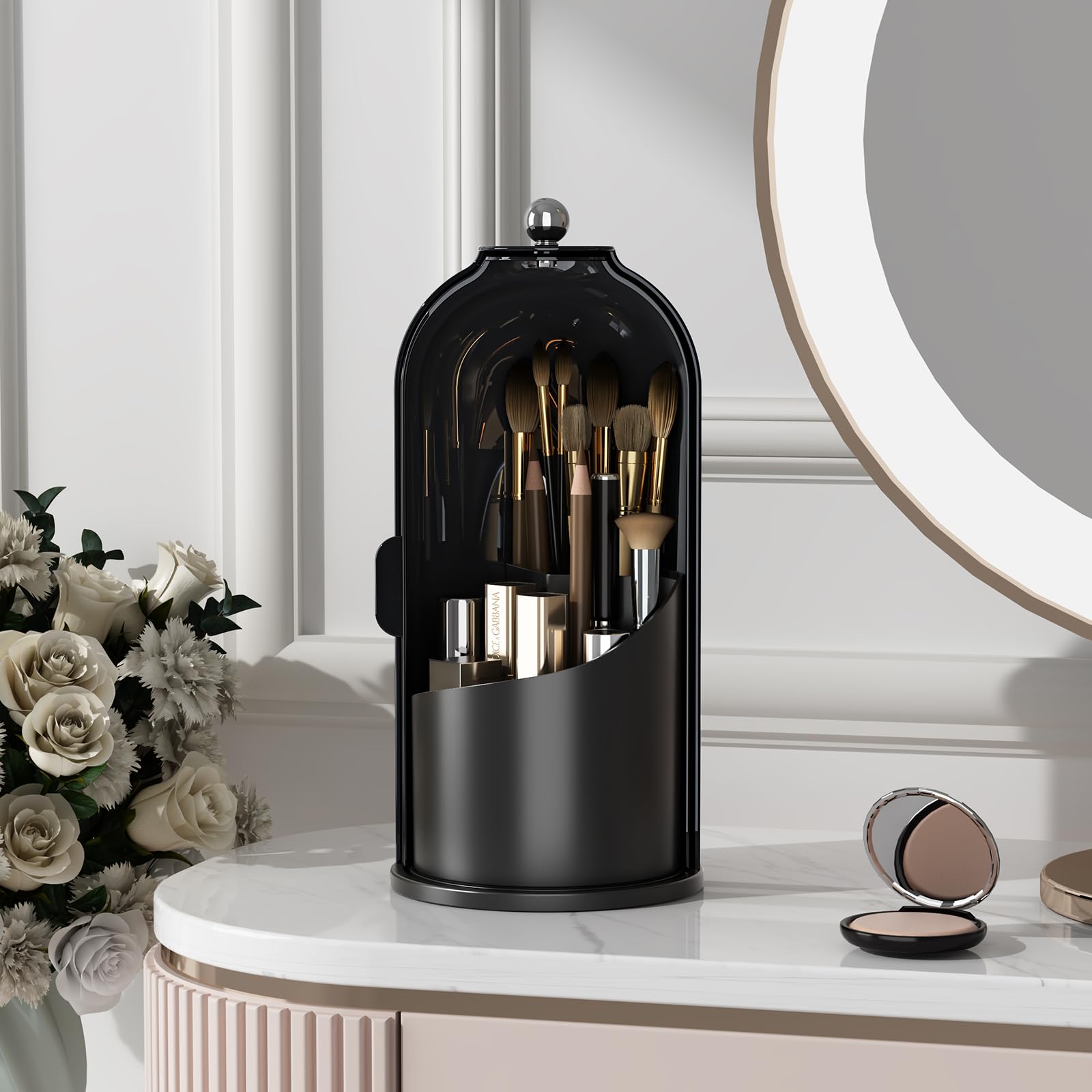 Porta pennelli da Trucco con Coperchio, Girevole a 360°, Organizer per Cosmetici da appoggio, Antipolvere, per Bagno, Trasparente (Nero Scuro)