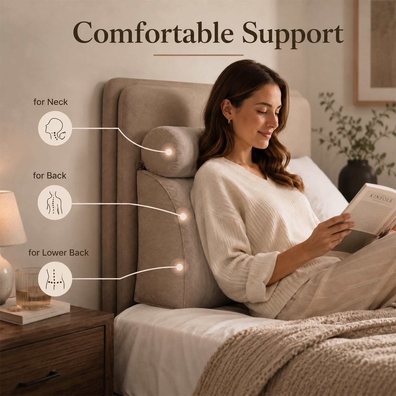 Generico Cuscino da Lettura Letto in Velluto a Coste, Supporto Lombare Ergonomico con Poggiatesta Regolabile e Rimovibile, Ideale per Schiena e Collo, Cuscino Schienale Testiera,Light Gray