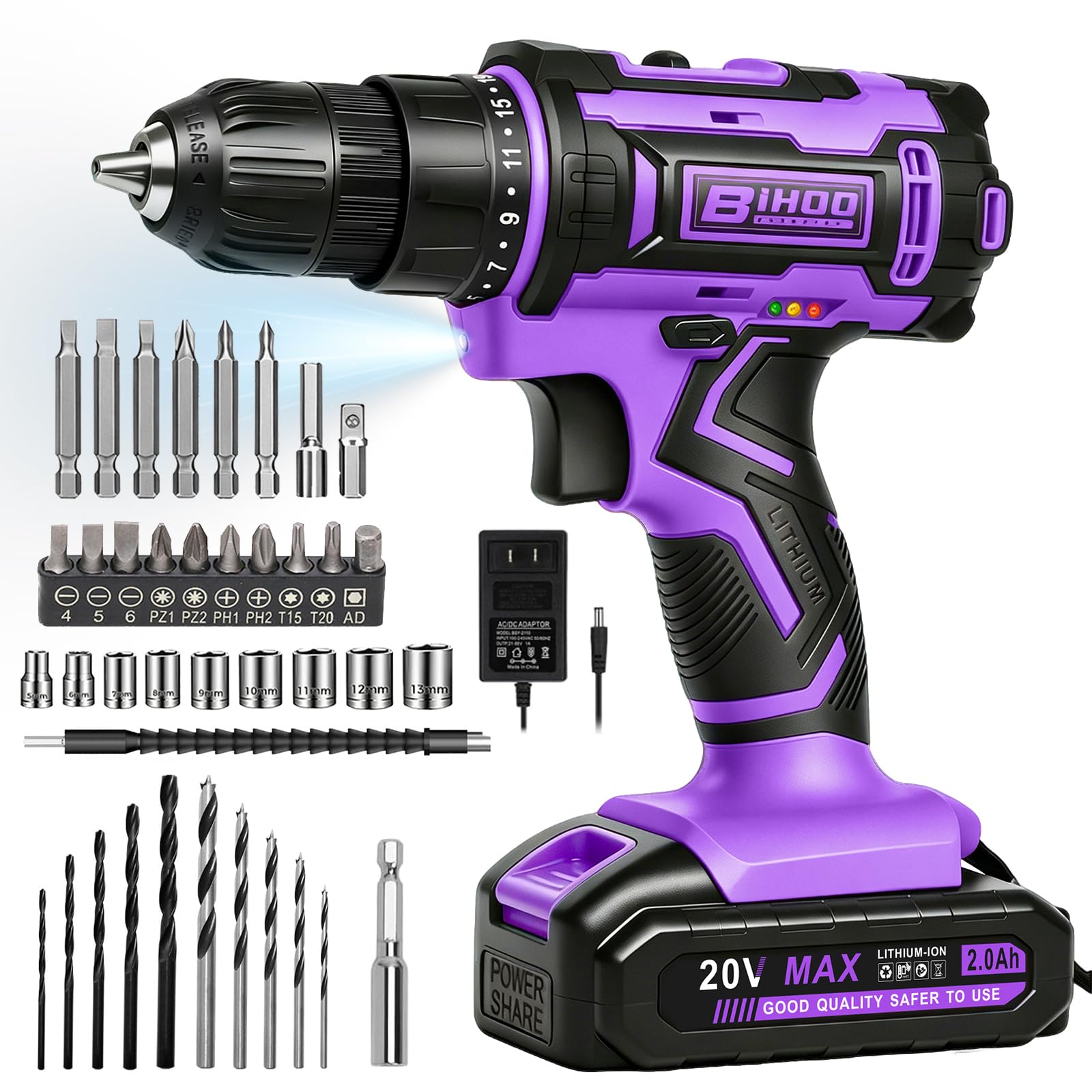 Set di trapano senza fili viola, trapano avvitatore da 20 V con batteria e caricabatterie, mandrino senza chiave da 3/8 pollici, velocità variabile, con set di punte per trapano