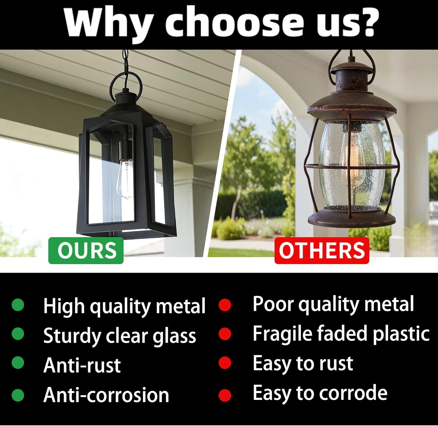19 Inch Large Outdoor Pendant Light for Porch - Outside Hanging Light Ceiling Mount Metal and Glass Exterior Hanging Lantern for Patio Entrance Front Door Porch Pendant Large Size ,E26