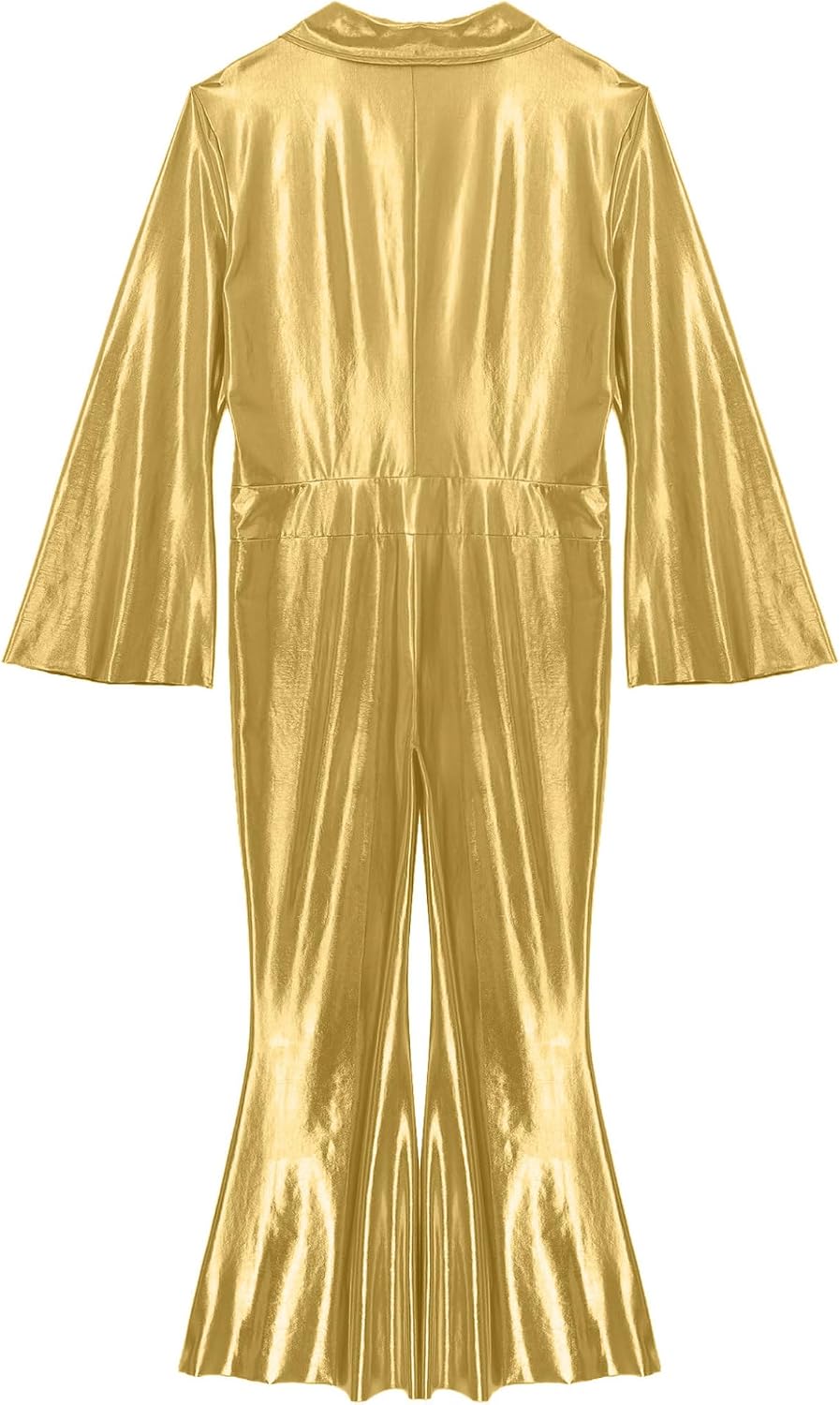 Mens Lapel Flare Sleeve Bell Shiny Metallic Jumpsuit 70s Disco Dance Performance Wide Leg Rompers
