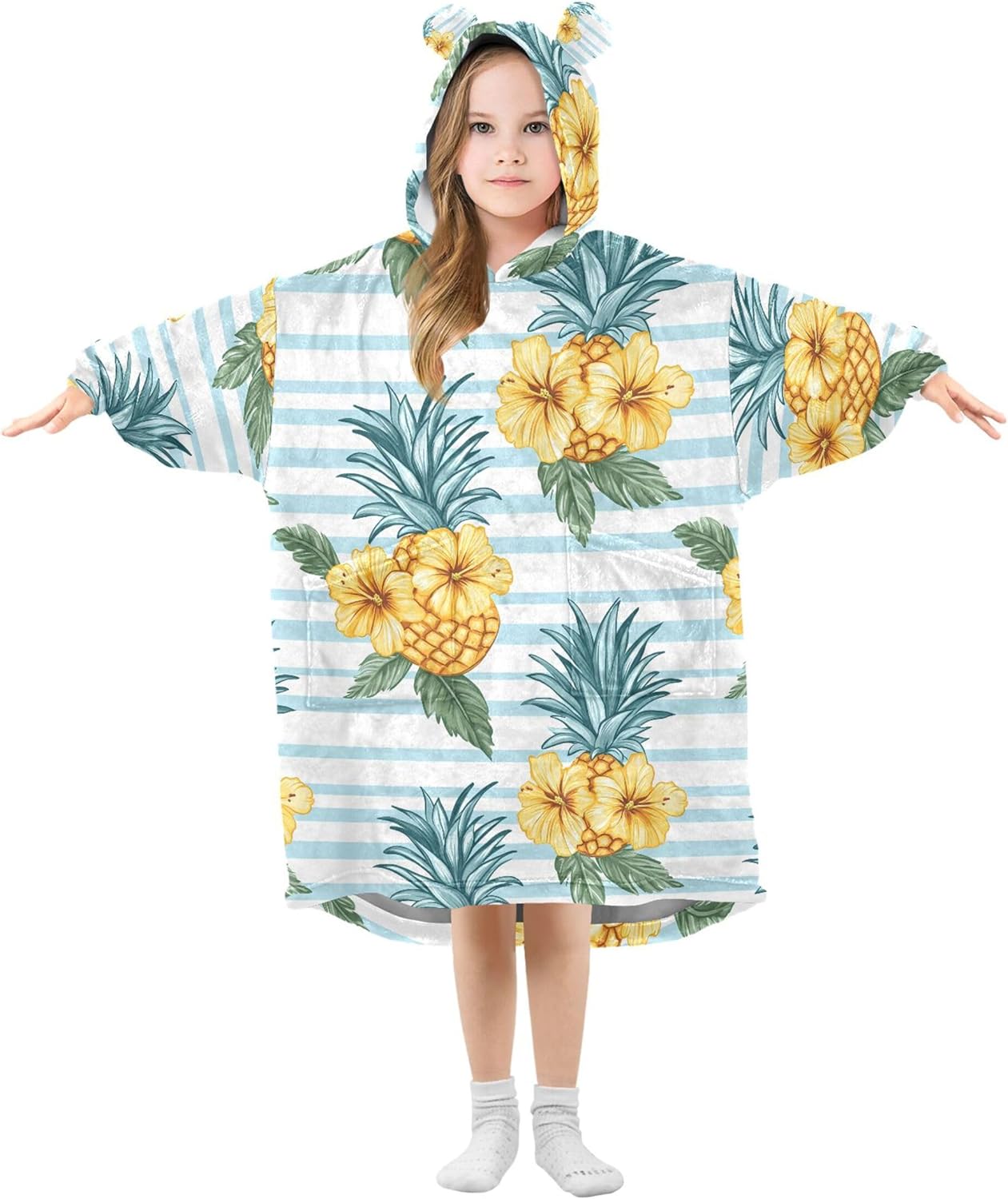 Pineapple Fruit Flowers Kids Wearable Blanket Hoodie with Pocket and Sleeves for Toddlers, Cute Hoodies Girls Boys