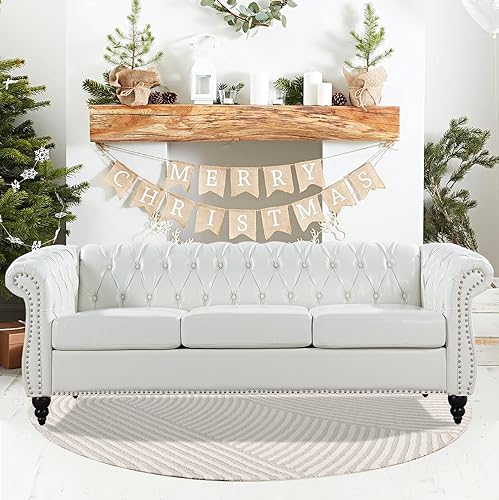 Miniatura 9 de Sofá Chesterfield de piel sintética copetuda naranja para sala de estar, brazo enrollado de 84 pulgadas, sofá de 3 plazas, con botón profundo,