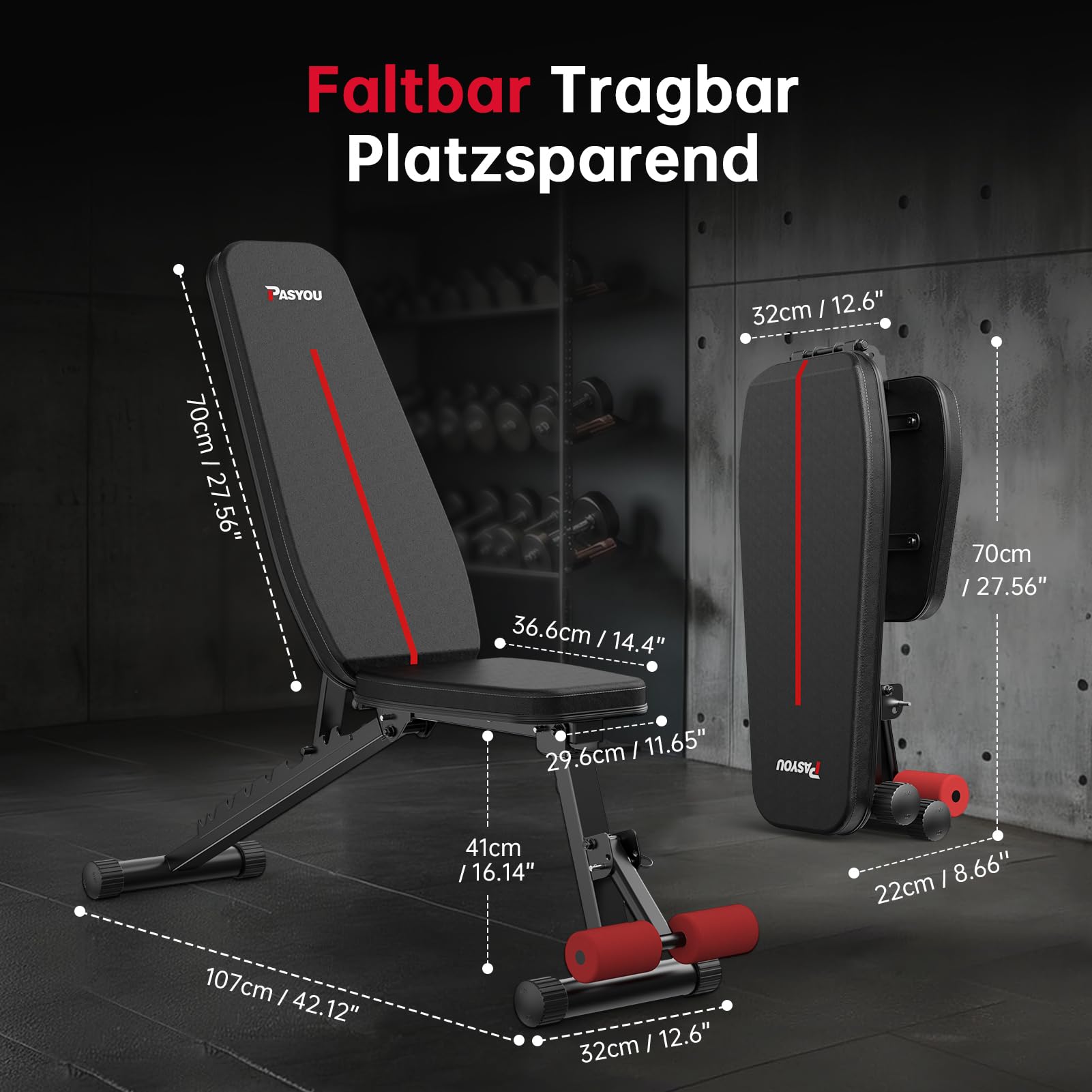 PASYOU Hantelbank Klappbar 10-Fach Verstellbar 90° Grad vertikal Multifunktions Trainingsbank für Ganzkörper-workout Bauchtrainer Schrägbank