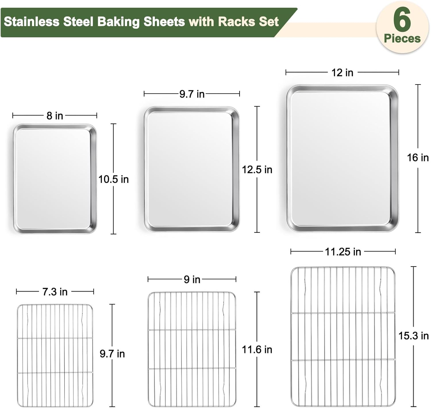 TeamFar Baking Sheet with Rack Set (3 Pans + 3 Racks), 16/12.5/10.5 Inch Stainless Steel Cookie Sheets Baking Pans Trays and Cooling Racks for Cooking Roasting, Non-Toxic & Heavy Duty, Dishwasher Safe - Image 2