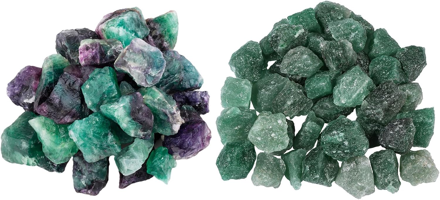 SUNYIK Pakc of 2 Natural Fluorite Raw Stones 1lb & Green Strawberry Quartz Raw Stones 1lb