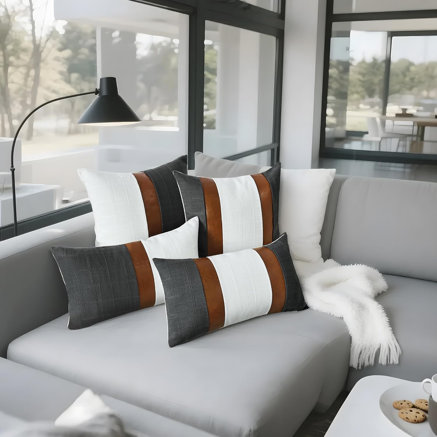 Faux Leather and Faux Linen Patchwork Pillow Covers 18x18 Inch, Gray and White Plaid Decorative Throw Pillow Covers, Modern Farmhouse Square Accent Covers for Couch Sofa Bed Home, Set of 2 - Image 9