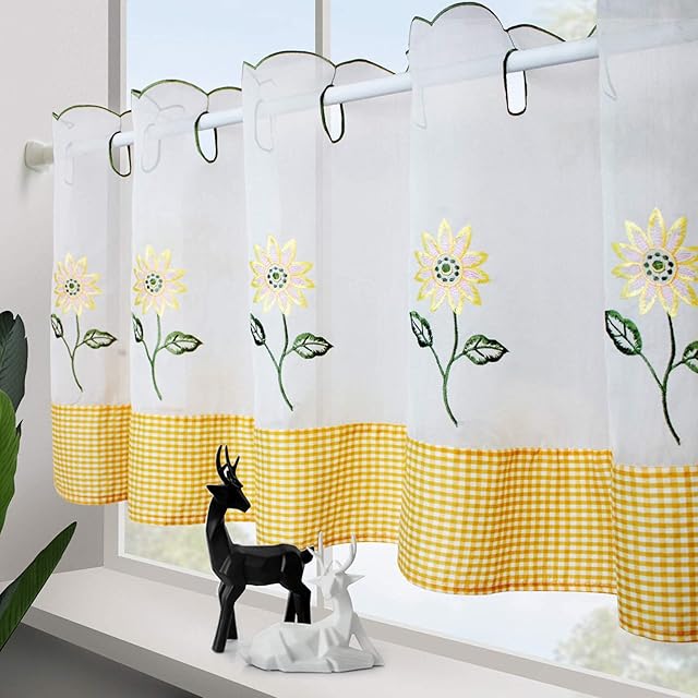 White Sheer Voile 60cm Height Short Curtains 145cm Length with Sunflower Embroidery Yellow British Plaid Cafe Kitchen Curtain Valance Window Decor for Balcony, Kitchen, Bedroom, Living Room 24" x 57"