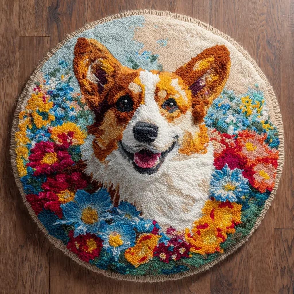 Round Latch Hook Rug Kits Corgi For Adults And Starter 50*50Cm