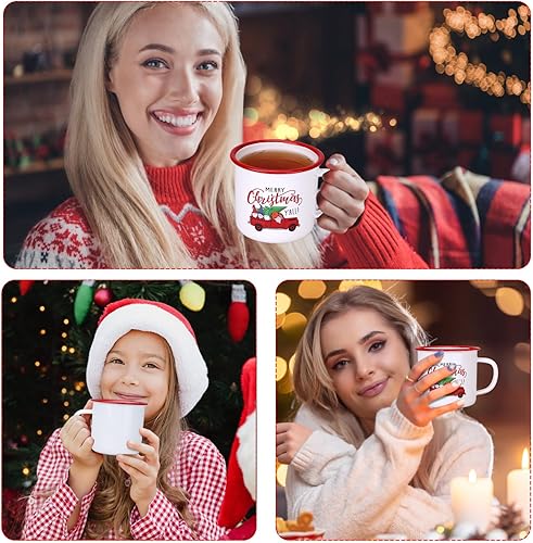 Miniatura 3 de Tazas de café esmaltadas de 12 onzas con camión rojo y árbol de Navidad, divertidas tazas de café vintage blancas