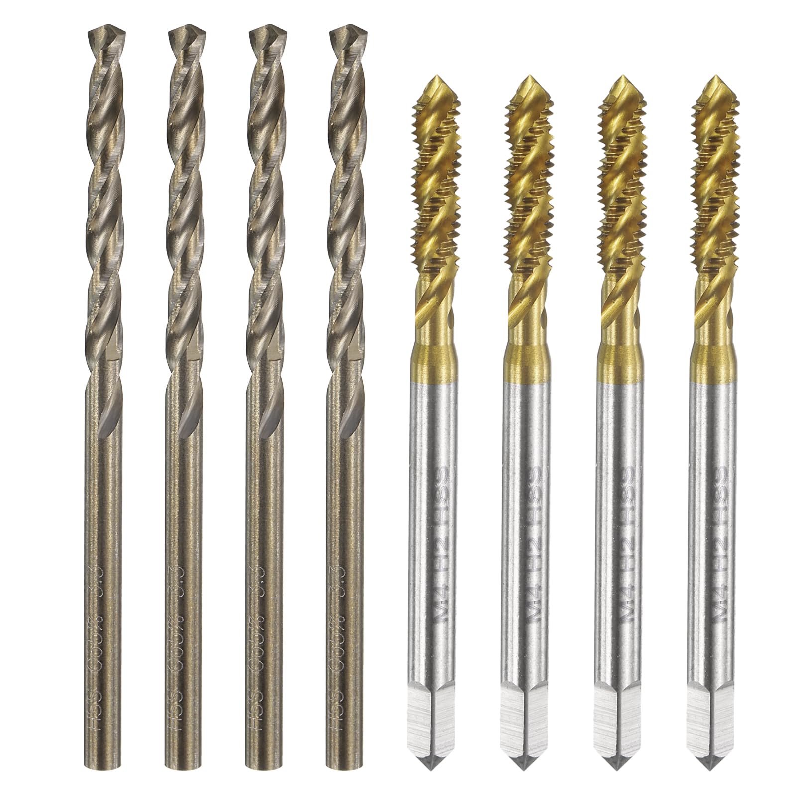 Set di Maschi e Punte da Trapano, 4 Maschi per Filettatura a Spirale metrica M4 x 0,7 e 4 Punte elicoidali da Trapano da 3,3 mm, rivestite in Titanio/Giallo tostato HSS-6542/M35 HSS-CO.