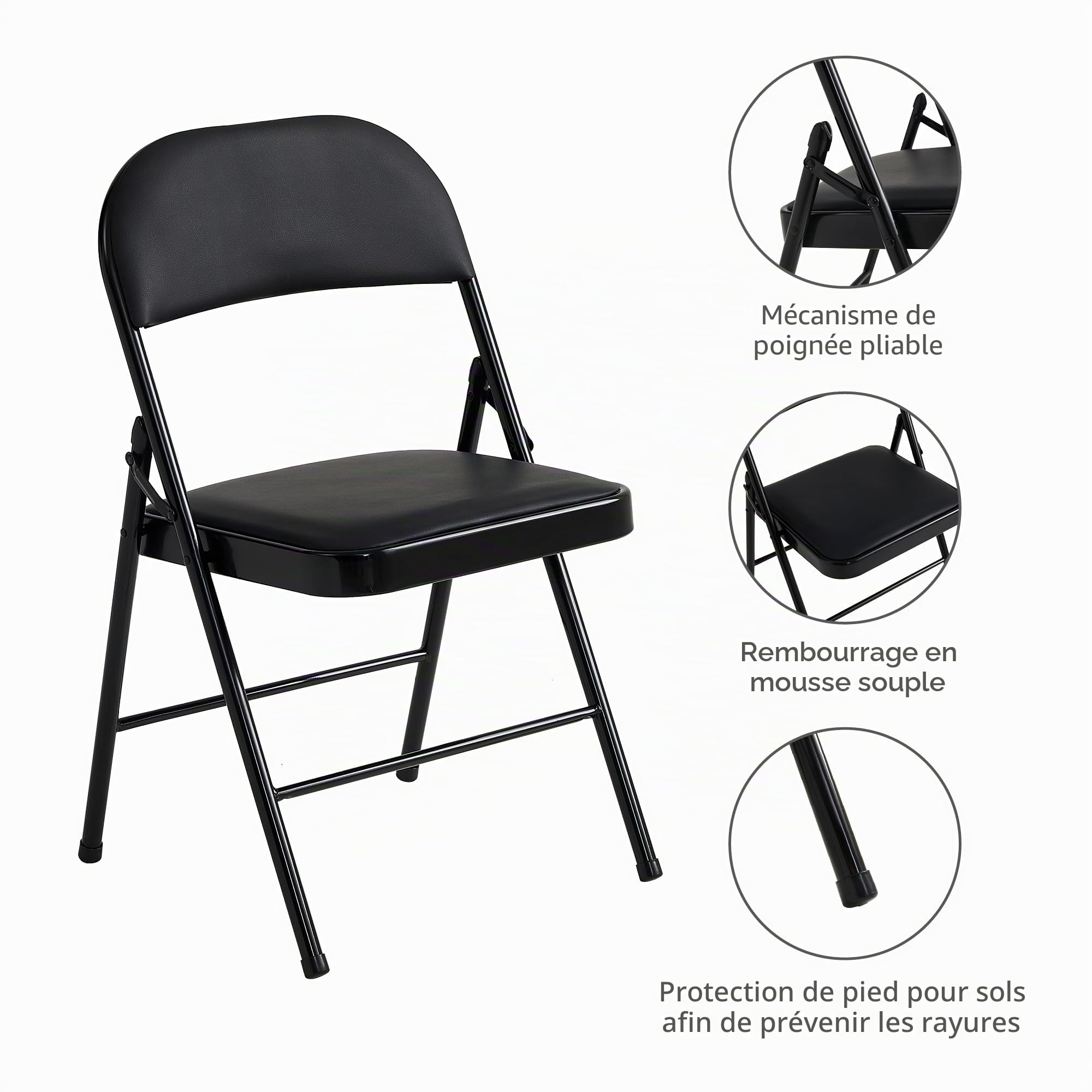 mcc direct Lot de 2 chaises pliantes en similicuir avec cadre en métal et siège rembourré, faciles à plier et à ranger pour la maison, le bureau, la salle à manger et la réception (noir)