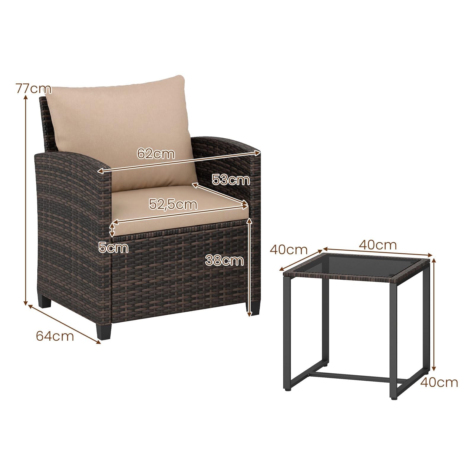 LIFEZEAL Set da Giardino Esterno in Rattan, 3 Pezzi, Salotto da Giardino con 2 Poltrone con 1 Tavolino, Cuscini Rimovibili, Arredo per Balcone, Terrazza, Patio, Cortile (Marrone+ocra)