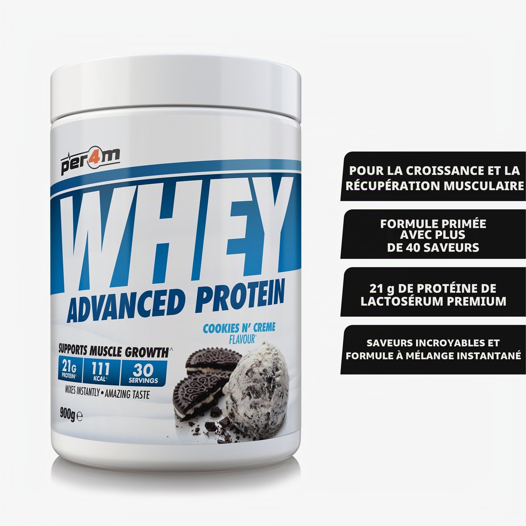 Per4m Whey Protein Concentrée, Prise de Masse et Récupération Musculaire, Acides Aminés Essentiels, Haute Teneur en Protéines, Faible en Glucides, Complément Fitness Sport – Cookies N Cream – 900g