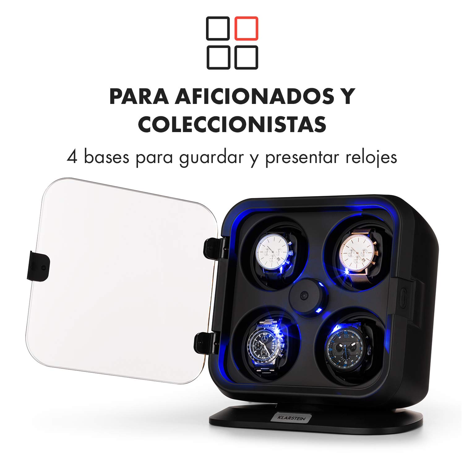 KLARSTEIN Caja Relojes Automáticos, Caja Giratoria Relojes 4 Compartimentos, Cajas para Relojes con Luz, Estuche para Reloj, 3 Velocidades de Rotación, Relojero con Cojines, Watch Winder, Negro