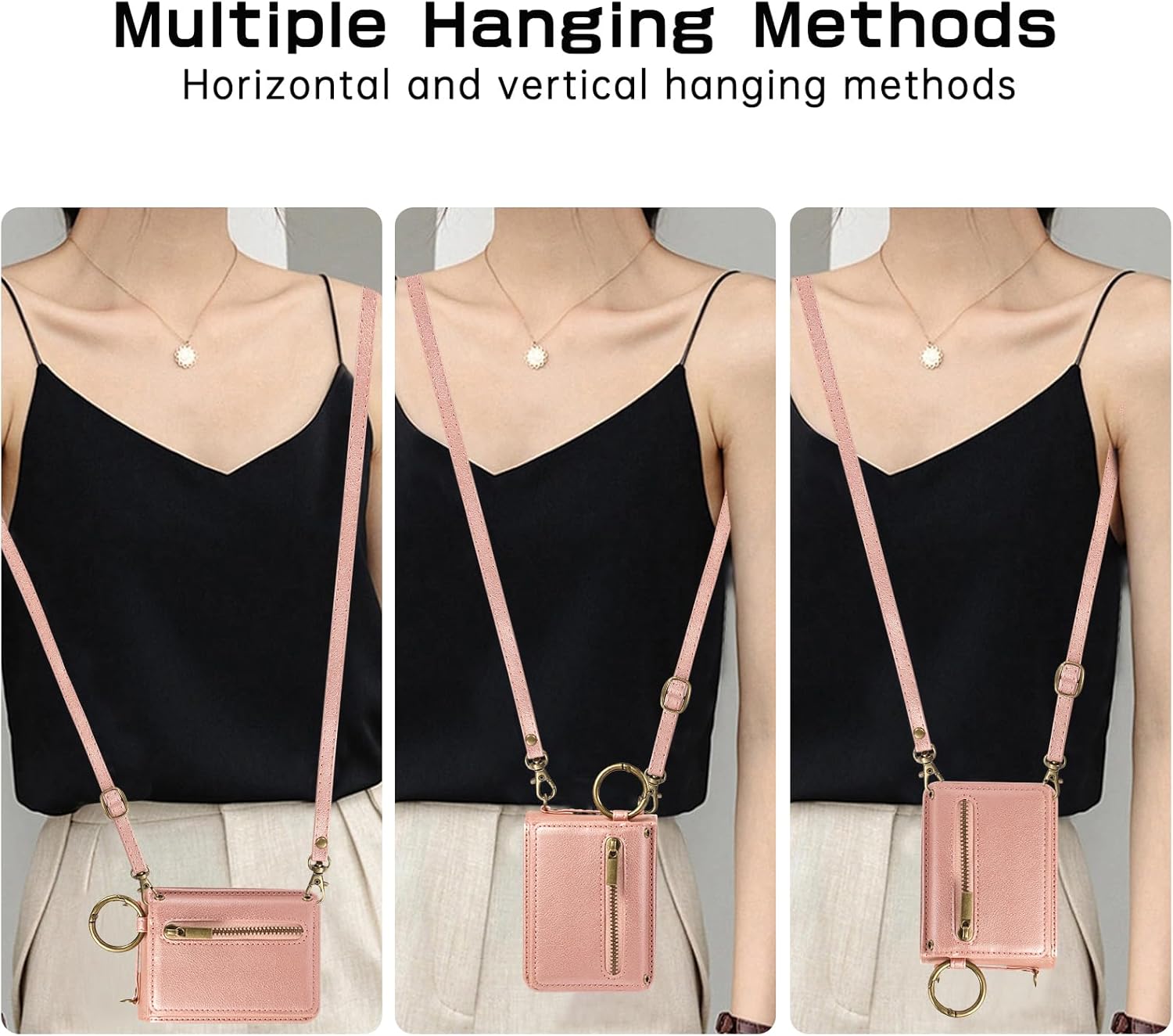 Compatible with Samsung Galaxy Z Flip 6 5G 2024 Wallet Case and Crossbody Shoulder Strap Ring Buckle Hinge Protection Stand Card Holder Phone Cover for ZFlip6 Z6 G Flip6 6Z Women Girls Men Rose Gold