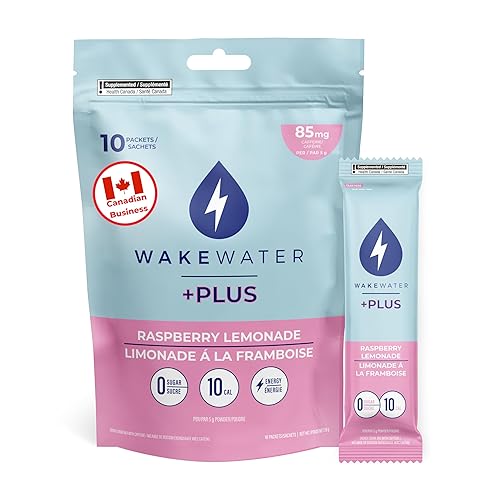 WakeWater Plus Energy Powder - Raspberry Lemonade - Vitamins and Electrolytes - Proudly Canadian - Natural Green Tea Caffeine - No Sugar or Artificial Sweetener - 50g (10 sticks) - Raspberry Lemonade - 5 g (Pack of 10)