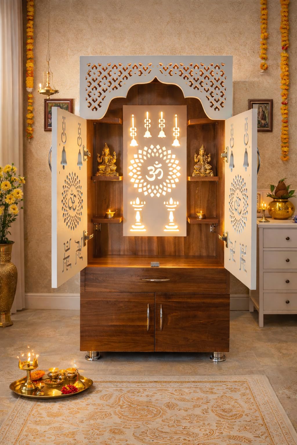 Wooden Temple for Home Pooja Mandir with LED Light, Engineered Wood, Walnut & White Finish, Storage Drawer | Home Decor, Worship Space-image-27