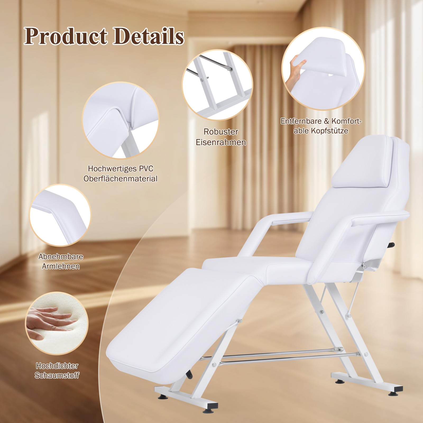 Kosmetikliege 3 Einstellbare Abschnitte Schönheitsbett, Ergonomische Massageliege mit Verstellbare Rückenlehne & Fußstütze, Robuste Tattooliege bis 150 kg Ideal für Kosmet, Spa & Therapien (Weiß)