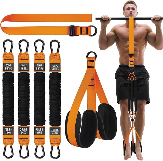 Bandes d'assistance de traction, bande de résistance de service lourd pour barre de traction et bandes de résistance 300lbs, 4 Bandes d'aide à tirer 2 Repose-pieds, poids/taille réglable pour l'entraînement à la force de traction