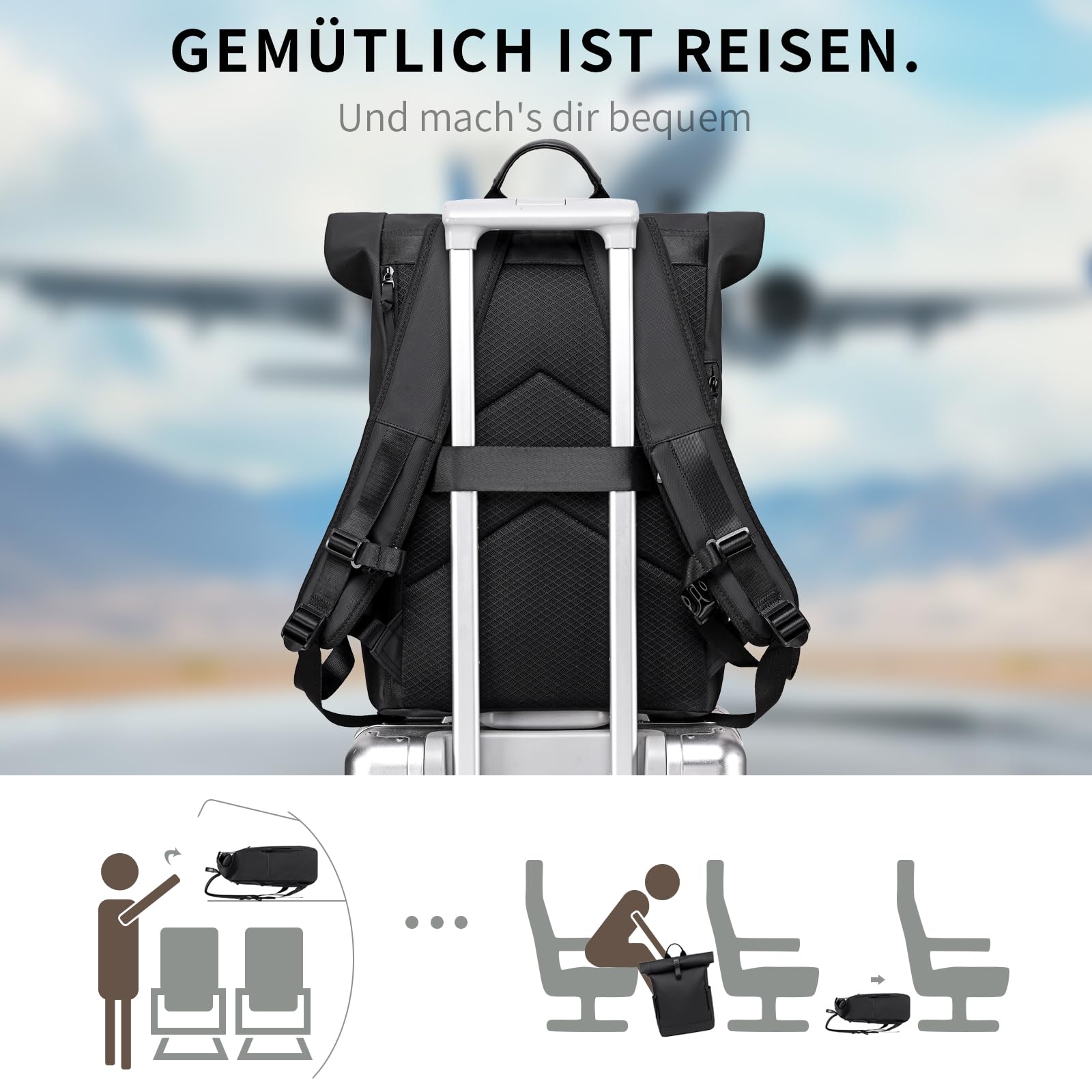 Rolltop Rucksack Damen Herren Groß Laptop Rucksack Wasserdichter mit Computerfach 17,3 Zoll Rucksäcke Schulrucksack 24L/32L Wasserfester Reiserucksack Handgepäck Flugzeug Arbeit Reisen Schwarz