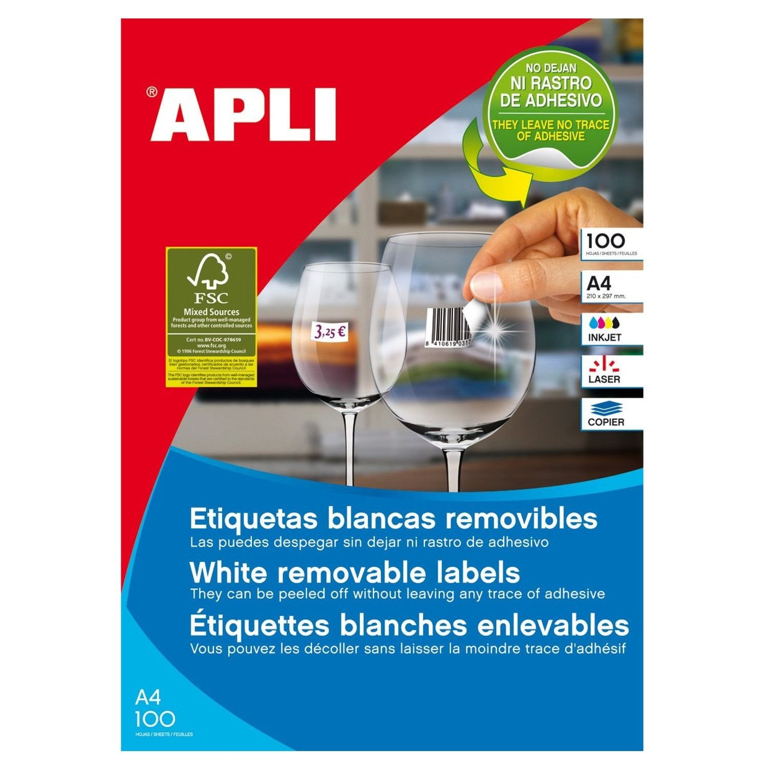APLI 3055 Removable White Labels 52.5 x 21.2 mm 100 Sheets