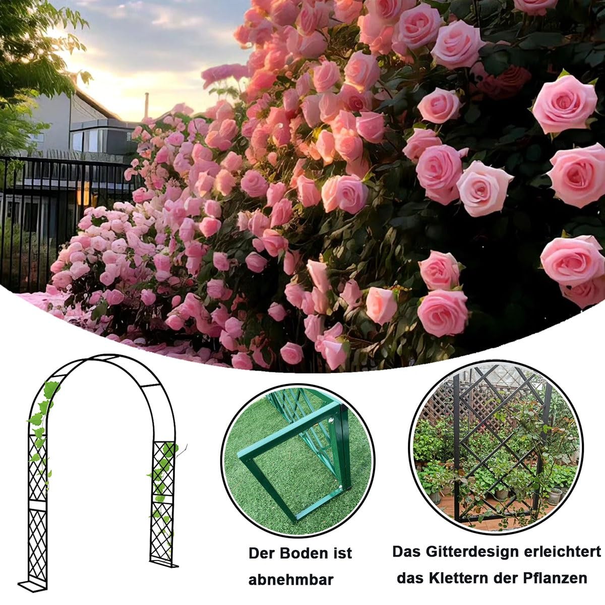 Metalowy łuk ogrodowy Pera Trellis stojak stabilny zewnętrzny altana do roślin pnących 260 x 270 cm biały regulowana wysokość 140-370 cm t na wesela i imprezy