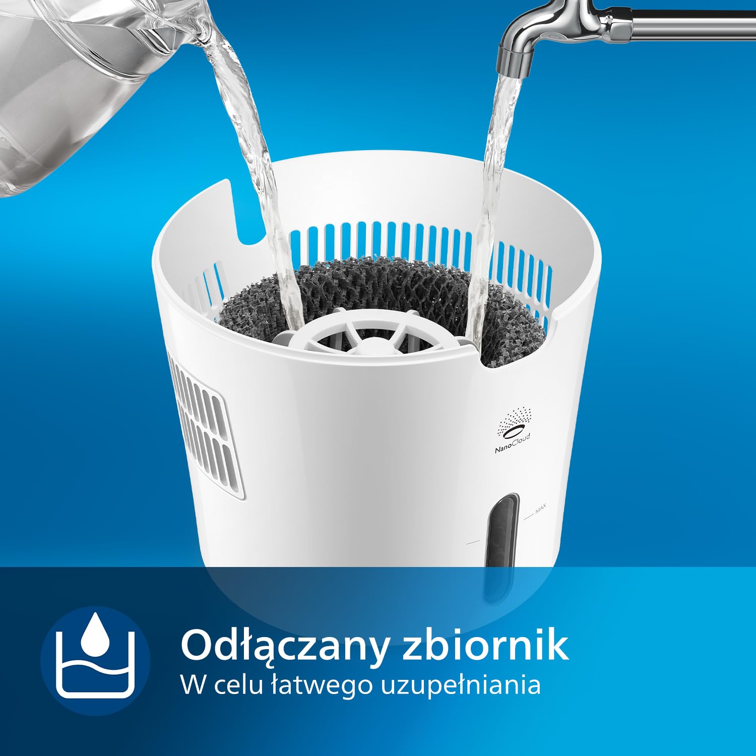 Philips Nawilżacz Powietrza Serii 2000, Nawilża Pomieszczenia do 38 m², Technologia NanoCloud, 2 Prędkości, 2l zbiornik na wodę, cichy, kolor biało/kremowy (HU4811/10)