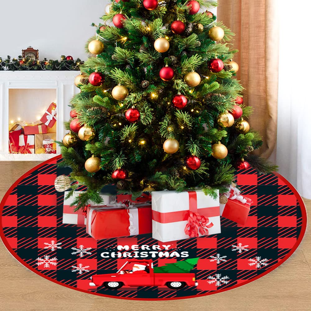 BSKLY 36 Inches Buffalo Plaid Christmas Tree Skirt Festive Fine Handicraft Decorative Red Xmas Tree Skirt Creative Santa Tree Skirt Christmas Decorations for Indoor Holiday Home Party New Yaer