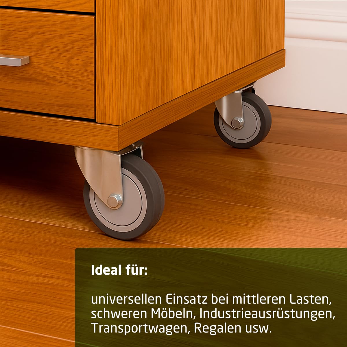 Amig - Set mit 4 Möbelrollen | Ø 100 mm | Drehbare Rollen mit Montageplatte | Maximale Belastung 110 kg | Zum Bewegen schwerer Möbel | Rollenlager | Kunststoffkern | Graues Gummi