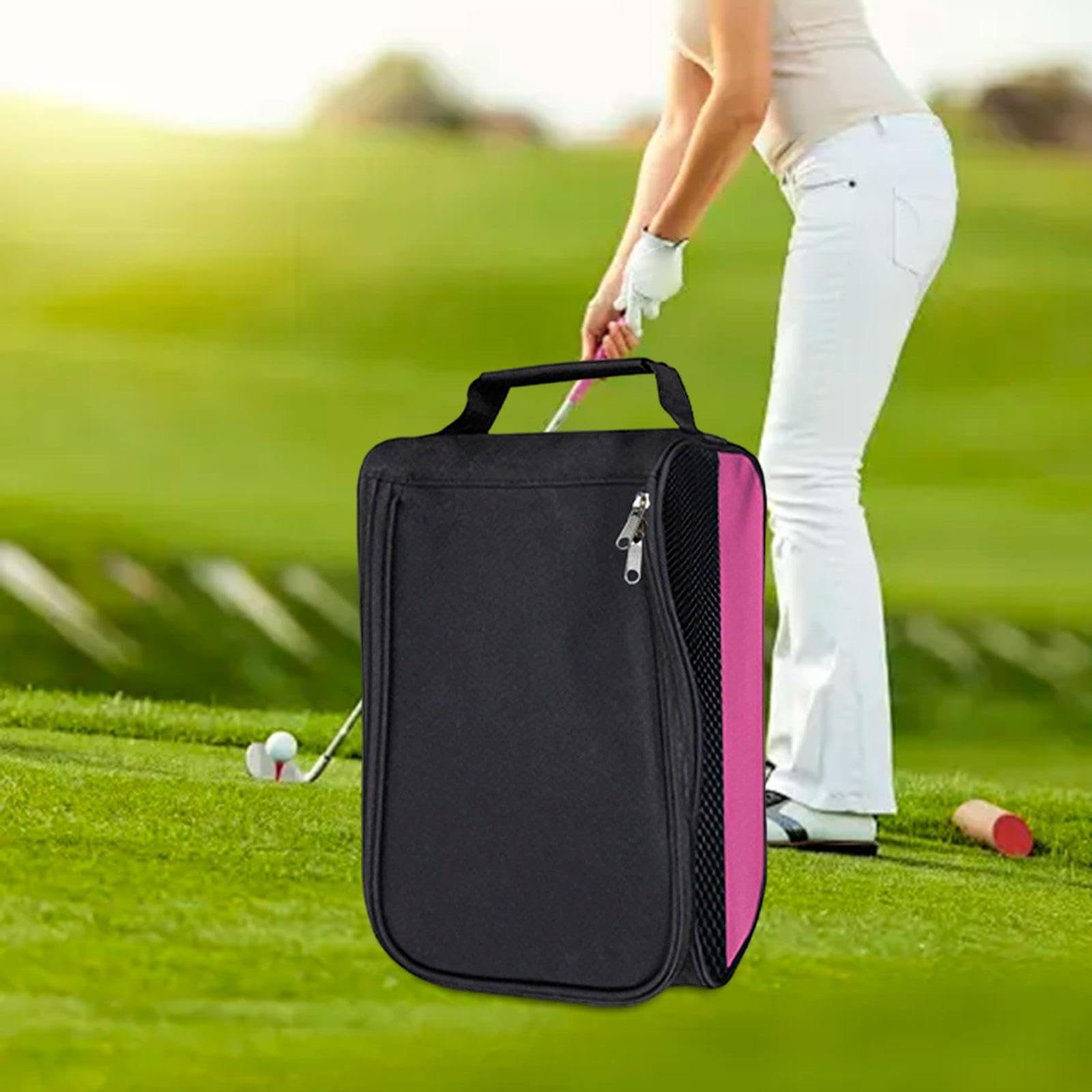 Vaveren Golf Shoes Pouch Shoe Carrier Bag Zippered Sturdy Golf Accessories Sports Shoes Bag Golf Shoes Case for Gym Men Women Outdoor, Pink