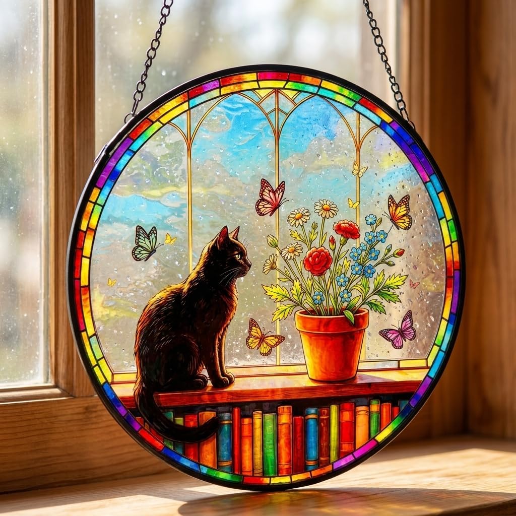 Stained Glass Black Cat Bookshelf Suncatcher, Animal Window Hanging, Flower Pot Sun Catcher with Butterfly Design, Colorful Home Decoration for Cat Lovers, Gift for Women Men, 8inches Sun Catcher