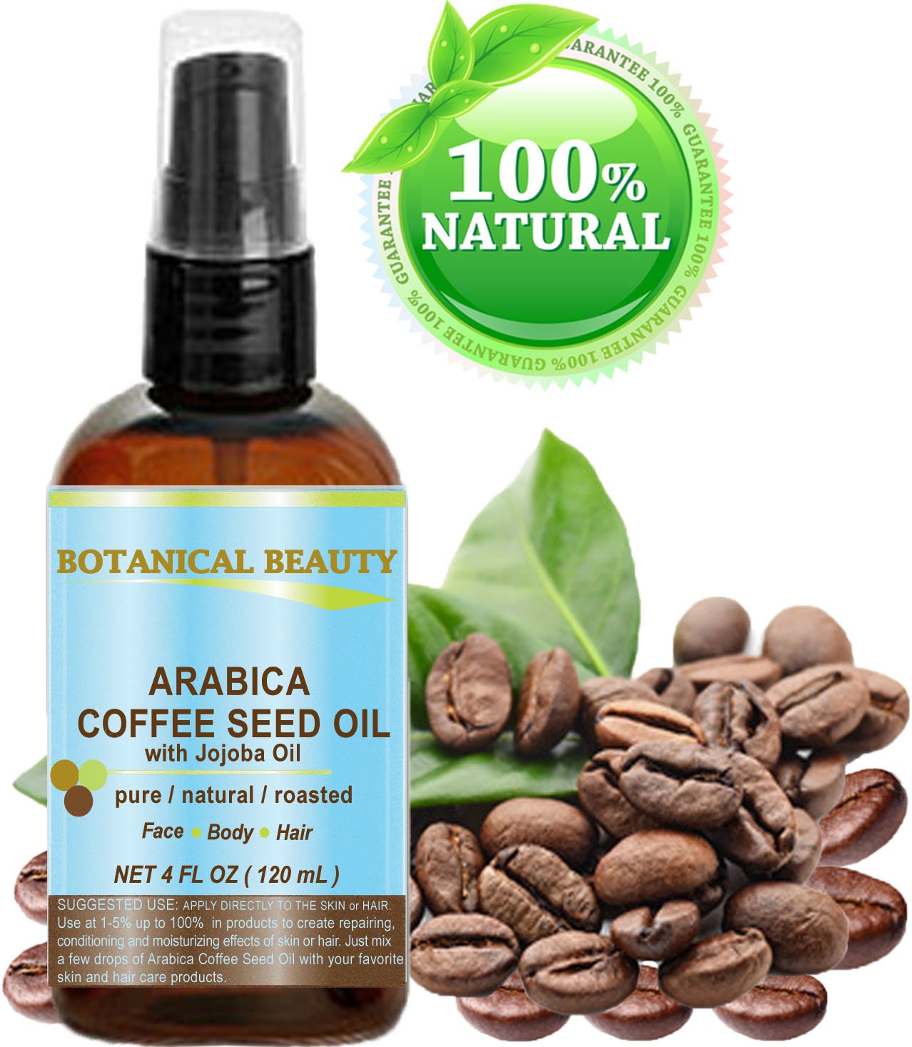 Botanical Beauty‎ ARABICA COFFEE SEED OIL 100% Pure Natural for Face, Body and Hair. Wrinkle Reducer, Anti- Puffiness Dark Circles, Anti Cellulite. 4 Fl Oz - 120 ml